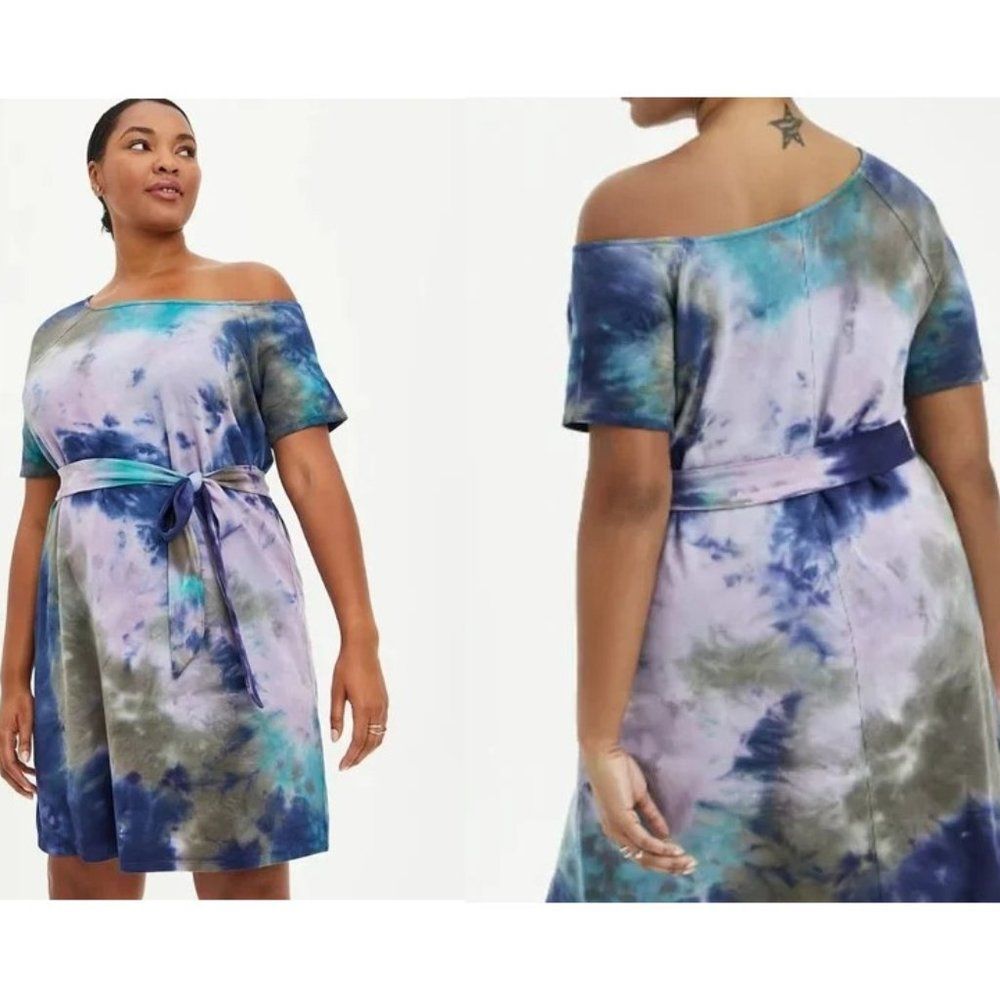 Torrid Off Shoulder T-Shirt Dress French Terry Tie Dye 1X NWT